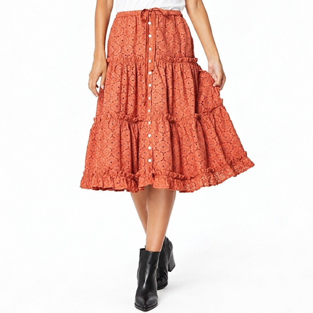Roller Rabbit Clementine Eyelet Midi Skirt Terracotta Floral Embroidered Small